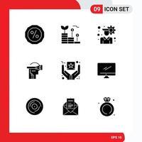 Pack of 9 Modern Solid Glyphs Signs and Symbols for Web Print Media such as goods branding configuration best quality headset Editable Vector Design Elements