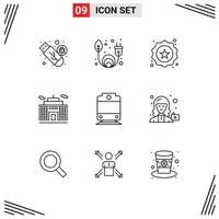 Mobile Interface Outline Set of 9 Pictograms of avatar railway badge corporation building Editable Vector Design Elements