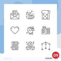 Mobile Interface Outline Set of 9 Pictograms of mind head toast communication favorite Editable Vector Design Elements