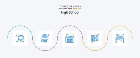 paquete de iconos azul de escuela secundaria 5 que incluye escritorio. estante. calendario. archivos cajón vector