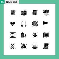 Set of 16 Vector Solid Glyphs on Grid for pulse heart novel ecg poisonous Editable Vector Design Elements