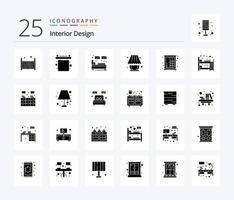 paquete de iconos de 25 glifos sólidos de diseño de interiores que incluye armario. luz. cama. lámpara. marco vector