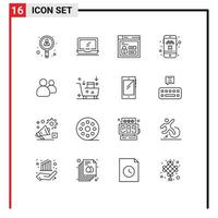 Pack of 16 Modern Outlines Signs and Symbols for Web Print Media such as friends taxi laptop cancel ride code Editable Vector Design Elements