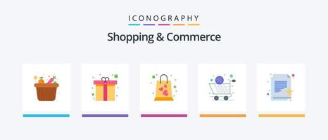 Shopping And Commerce Flat 5 Icon Pack Including favorite document. global shipping. surprise. global logistic. shopping bag. Creative Icons Design vector