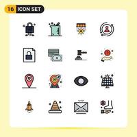 Flat Color Filled Line Pack of 16 Universal Symbols of lock document shop remarketing digital Editable Creative Vector Design Elements