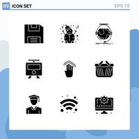 Mobile Interface Solid Glyph Set of 9 Pictograms of gestures fingers online train railway Editable Vector Design Elements