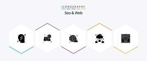 paquete de iconos de 25 glifos seo y web que incluye la página de inicio. web. globo. SEO red vector