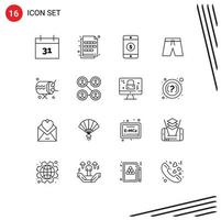 Universal Icon Symbols Group of 16 Modern Outlines of instrument drum dollar short beach Editable Vector Design Elements
