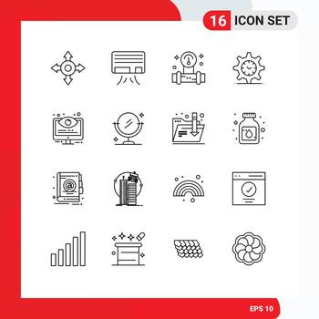 Modern Set of 16 Outlines Pictograph of mirror options gear monitoring configuration Editable Vector Design Elements