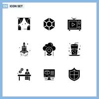 Solid Glyph Pack of 9 Universal Symbols of cloud location tv technology rocket Editable Vector Design Elements