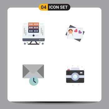 Set of 4 Commercial Flat Icons pack for computer time server heart camera Editable Vector Design Elements