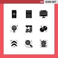 Modern Set of 9 Solid Glyphs Pictograph of solution light bulb turntable light pointer Editable Vector Design Elements