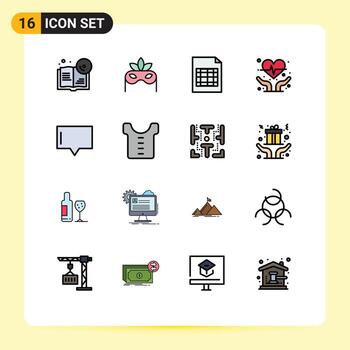 grupo de 16 líneas llenas de color plano, signos y símbolos para la ropa, hablar, mensaje de Excel, salud del corazón, elementos de diseño de vectores creativos editables