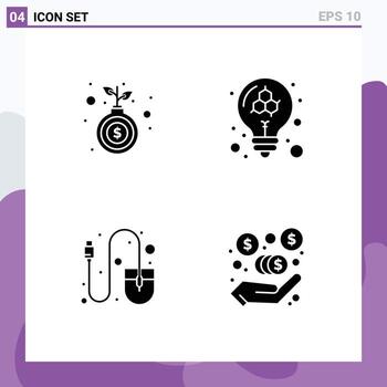 Pack of 4 Modern Solid Glyphs Signs and Symbols for Web Print Media such as bag hardware growth model tool Editable Vector Design Elements