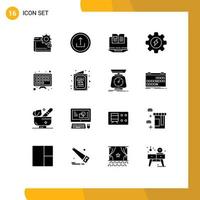 16 User Interface Solid Glyph Pack of modern Signs and Symbols of gear hardware basic book laptop Editable Vector Design Elements