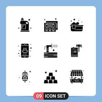 Mobile Interface Solid Glyph Set of 9 Pictograms of hose flush hot bath phone application Editable Vector Design Elements