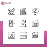 Mobile Interface Outline Set of 9 Pictograms of code biology coding time hourglass Editable Vector Design Elements