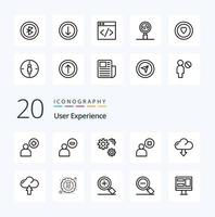 Paquete de 20 iconos de línea de experiencia de usuario como perfil cruzar menos preferencias vector