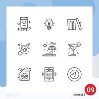 Set of 9 Vector Outlines on Grid for beach game light fun trash Editable Vector Design Elements