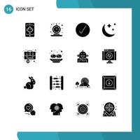 Modern Set of 16 Solid Glyphs and symbols such as bag night time moon ok Editable Vector Design Elements