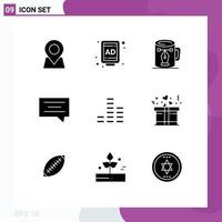 Mobile Interface Solid Glyph Set of 9 Pictograms of multimedia music cup message bubble Editable Vector Design Elements