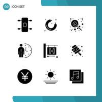 Mobile Interface Solid Glyph Set of 9 Pictograms of vacation hotel sign christmas person management Editable Vector Design Elements