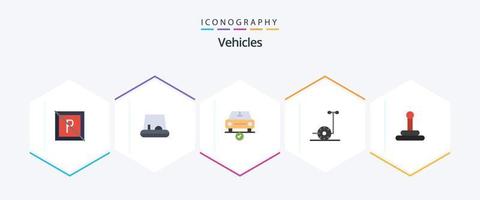 Paquete de 25 iconos planos de vehículos que incluye . camioneta. completo. engranaje. scooter vector