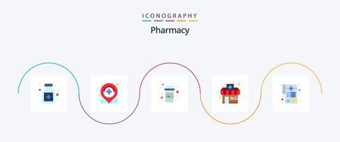 Paquete de iconos de farmacia plana 5 que incluye papeleo. médico. medicamento. factura. farmacia vector