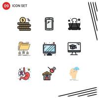 Set of 9 Modern UI Icons Symbols Signs for monitor folder clip files backup Editable Vector Design Elements