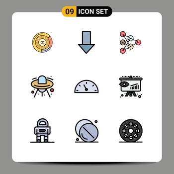 Editable Vector Line Pack of 9 Simple Filledline Flat Colors of performance ufo learning space alien Editable Vector Design Elements