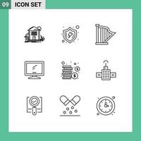 Modern Set of 9 Outlines Pictograph of device computer shield sound instrument Editable Vector Design Elements