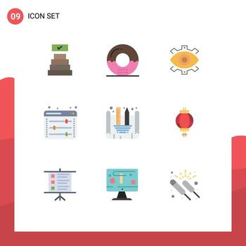conjunto de colores planos de interfaz móvil de 9 pictogramas de preferencias web ecualizador producción de ojos elementos de diseño vectorial editables creativos vector