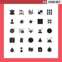 Mobile Interface Solid Glyph Set of 25 Pictograms of worker grid sine play game Editable Vector Design Elements