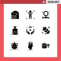 Mobile Interface Solid Glyph Set of 9 Pictograms of hand dua feminism pray science Editable Vector Design Elements