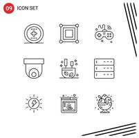 Mobile Interface Outline Set of 9 Pictograms of burning security camera games cctv wifi Editable Vector Design Elements