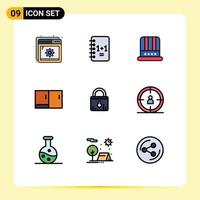 Modern Set of 9 Filledline Flat Colors Pictograph of security home appliances hat furniture cabinet Editable Vector Design Elements