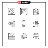 Modern Set of 9 Outlines Pictograph of low battery performance management graphic dollar Editable Vector Design Elements