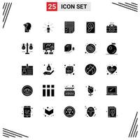 Set of 25 Commercial Solid Glyphs pack for camera sound sense music paper Editable Vector Design Elements