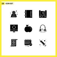 Pictogram Set of 9 Simple Solid Glyphs of music food pin apple target Editable Vector Design Elements