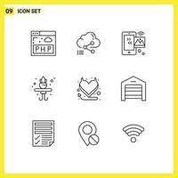 Group of 9 Outlines Signs and Symbols for heart shelf image living wifi Editable Vector Design Elements