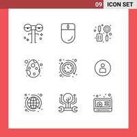 9 User Interface Outline Pack of modern Signs and Symbols of clock celebration mouse egg decoration Editable Vector Design Elements