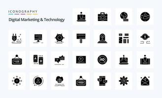 paquete de iconos de glifos sólidos de 25 marketing digital y tecnología vector