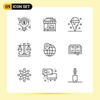 User Interface Pack of 9 Basic Outlines of location balance dessert time business Editable Vector Design Elements