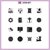 Group of 16 Solid Glyphs Signs and Symbols for cog eco lump drop day Editable Vector Design Elements