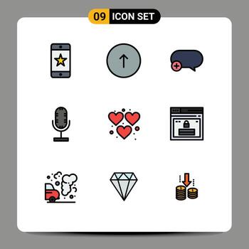 Modern Set of 9 Filledline Flat Colors Pictograph of heart mic web broadcast add Editable Vector Design Elements