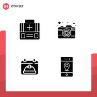 Mobile Interface Solid Glyph Set of 4 Pictograms of briefcase hat suitcase picture date Editable Vector Design Elements