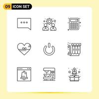 User Interface Pack of 9 Basic Outlines of on button calculate gift favorite Editable Vector Design Elements