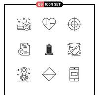 Pictogram Set of 9 Simple Outlines of office ssl goal security certificate Editable Vector Design Elements