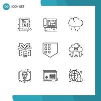 9 User Interface Outline Pack of modern Signs and Symbols of protect leaf engineer green weather Editable Vector Design Elements