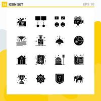 Pack of 16 Modern Solid Glyphs Signs and Symbols for Web Print Media such as gadget projector emojis film camera add Editable Vector Design Elements